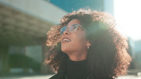 face, vision and wind with a business black woman