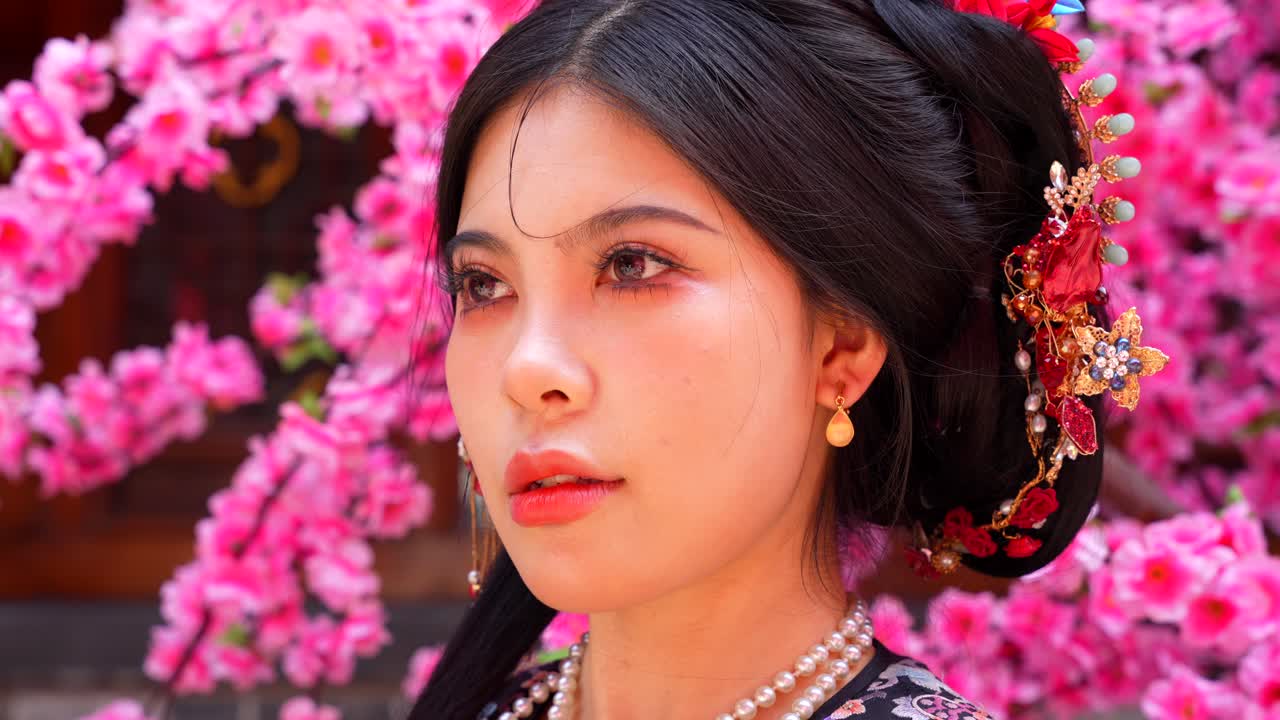 핑크색 꽃을 배경으로 한 칭 왕조 여성의 클로즈업