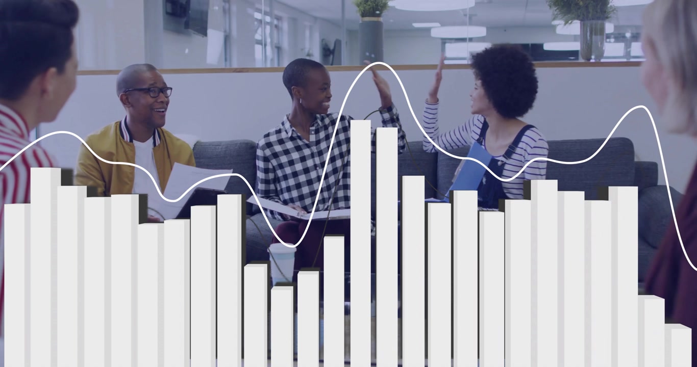 Bar chart animation over diverse business team discussing documents in office