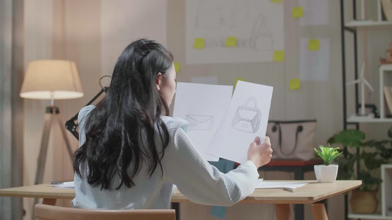 아시아 여성 디자이너가 손 가방을 바라보며 레이아웃을 스케치하는 모습
