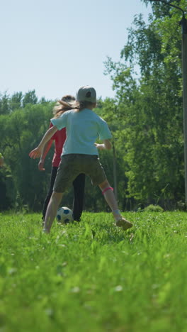 a family enjoys a sunny day playing football on a lush, green field, the children are actively engaged, with the grandfather joining in
