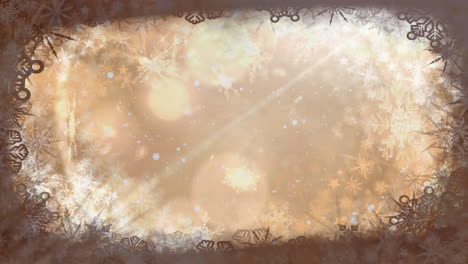 animation of christmas snowflakes falling in glowing golden sky with brown snowflake border