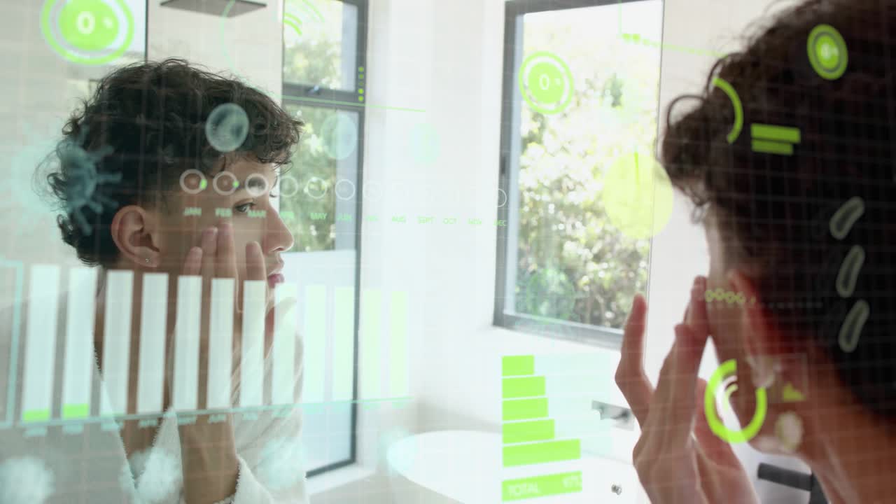 Adult man touching cheek and activating animated HUD charts on mirror, updating skincare analysis