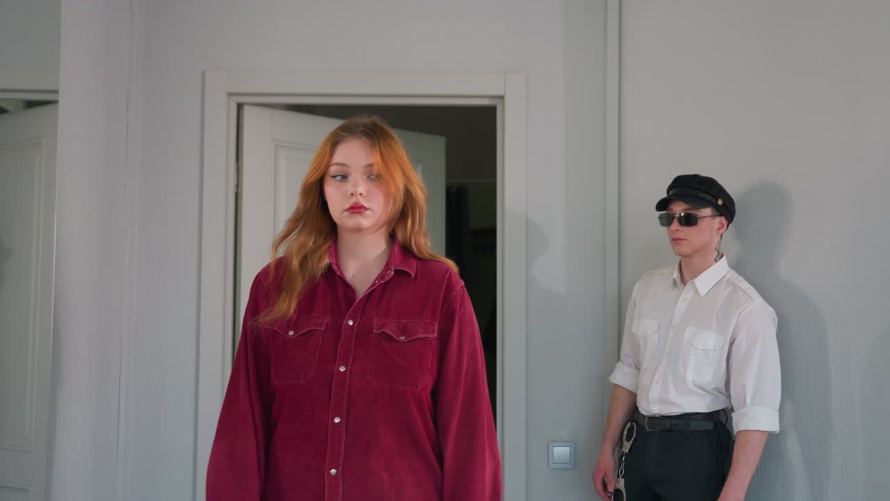 Portrait view of young man with neck tattoo and handcuffs standing at door waiting as woman in red top calmly exits room unaware, soft light casting shadow on wall, scene evoking silent tension
