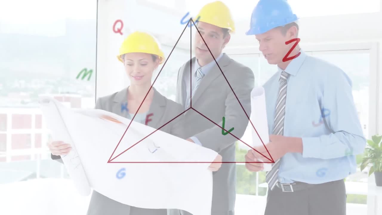 사무실에서 이야기하는 비즈니스 사람들에 대한 문자와 삼각형의 애니메이션