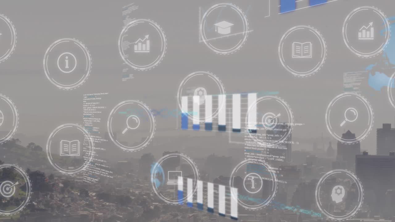 디지털 아이콘의 애니메이션과 도시 풍경의 공중 전망에 대한 데이터 처리