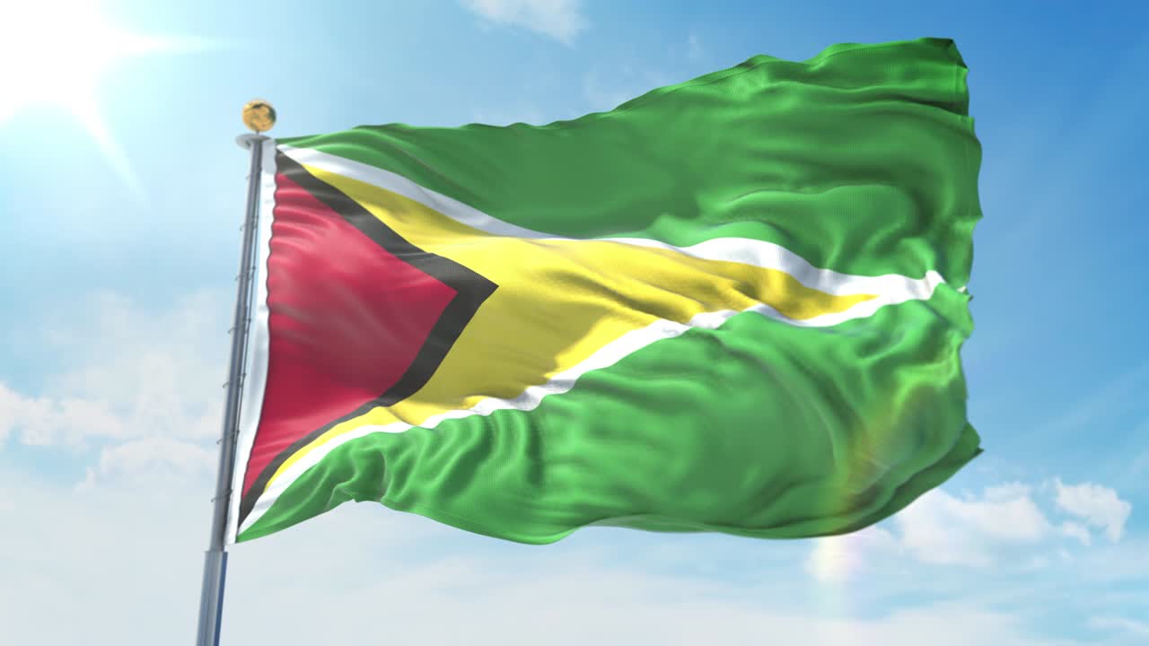 Guyana flag waving in the wind against deep blue sky. National theme, international concept. 3D Render Seamless Loop 4K