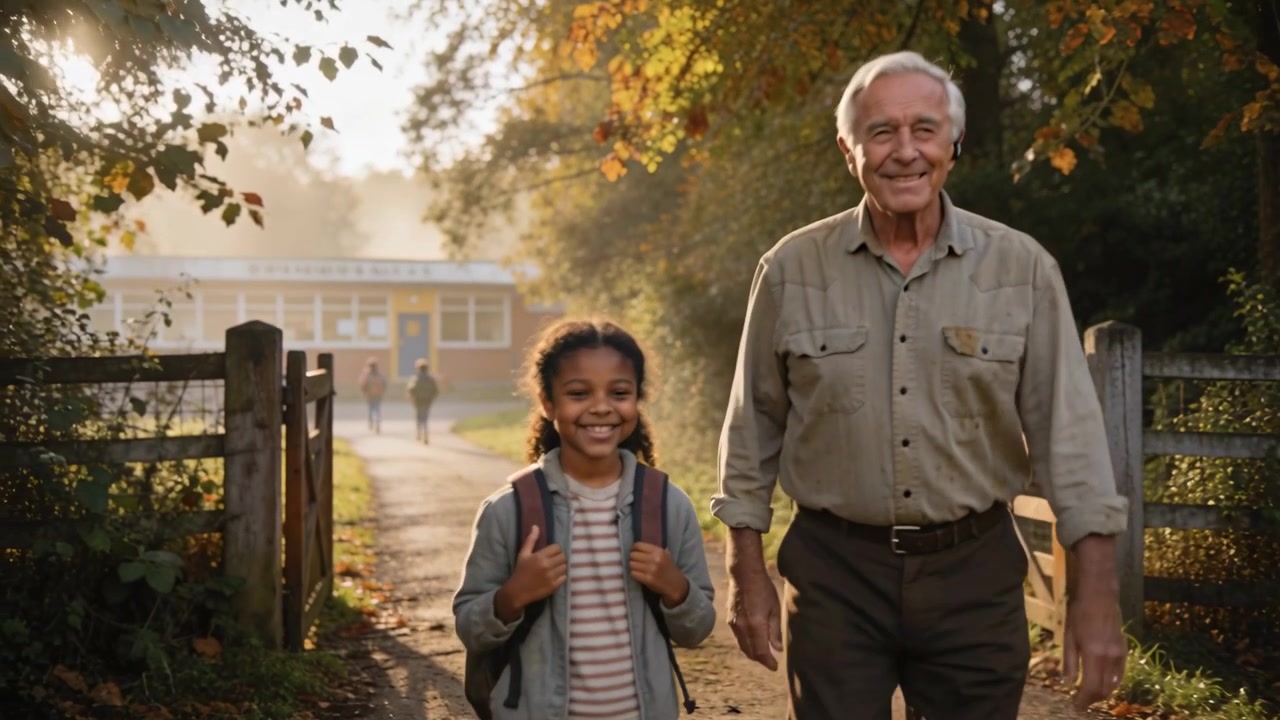 Clasping child's hands, senior in shirt checking backpack as child approaching gate for school