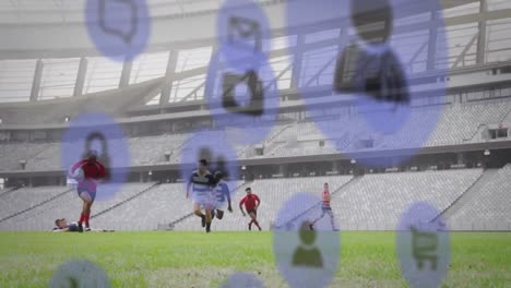 Animation-of-multiple-icons-over-diverse-rugby-player-playing-friendly-match-in-stadium