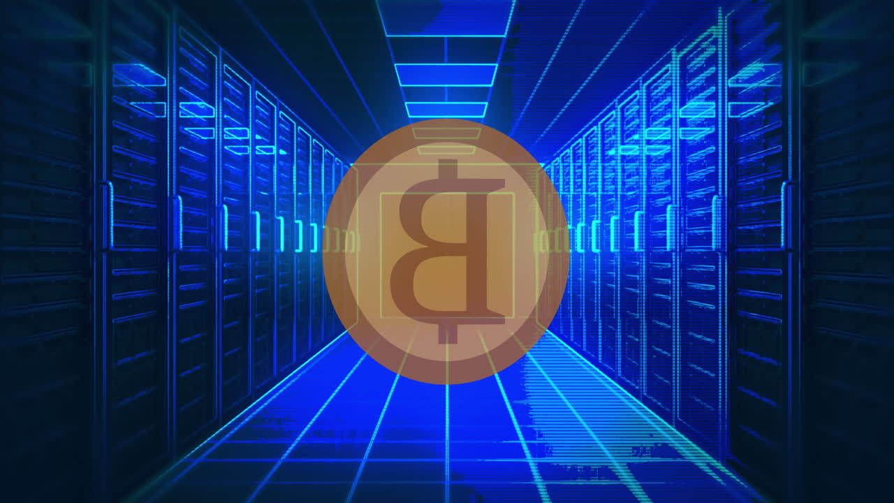 animación de bitcoin a través del túnel digital azul con servidores