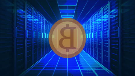 animation of bitcoin over blue digital tunnel with servers