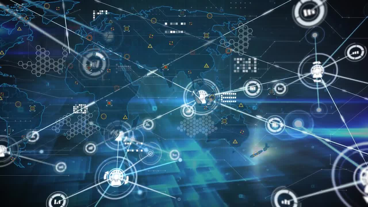 세계 지도 위의 아이콘으로 연결 네트워크의 애니메이션