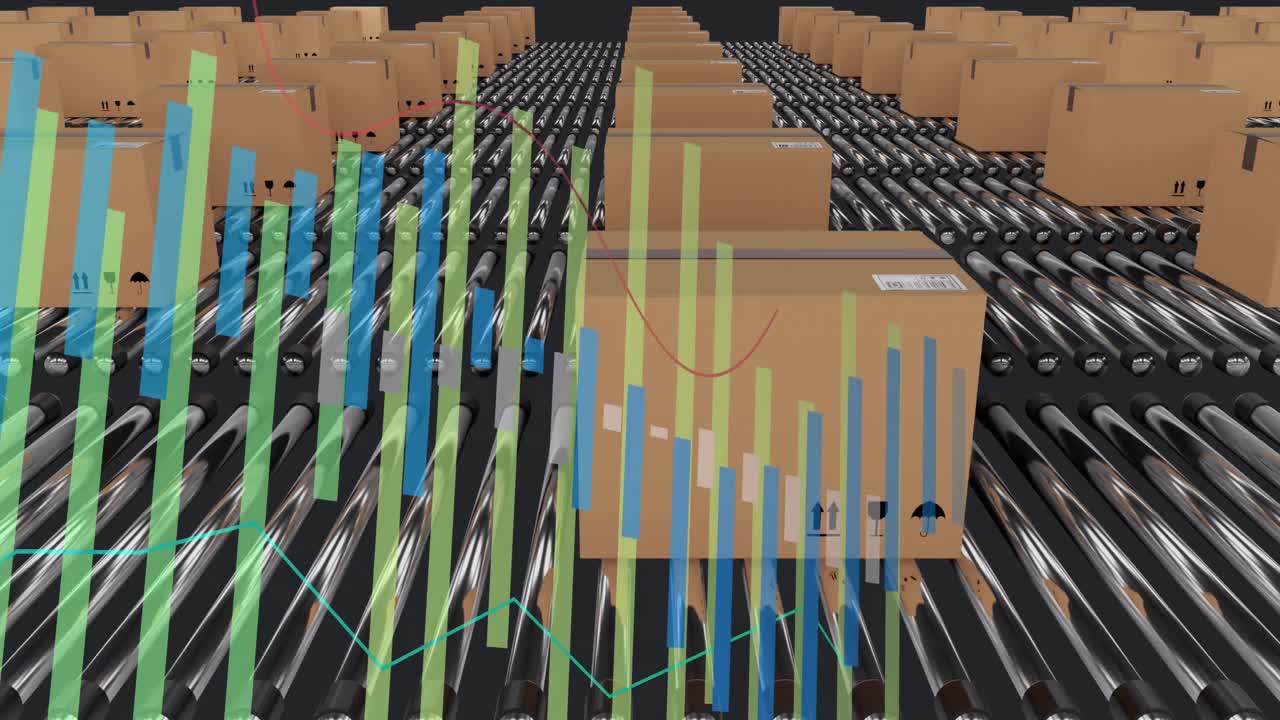 animación del procesamiento de estadísticas sobre cajas de cartón en cintas transportadoras