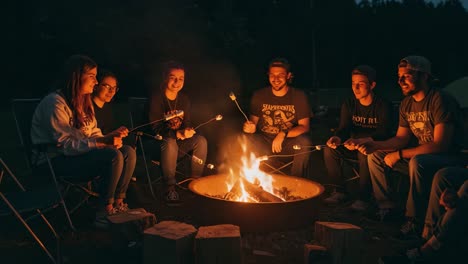 friends roasting marshmallows around a campfire at night