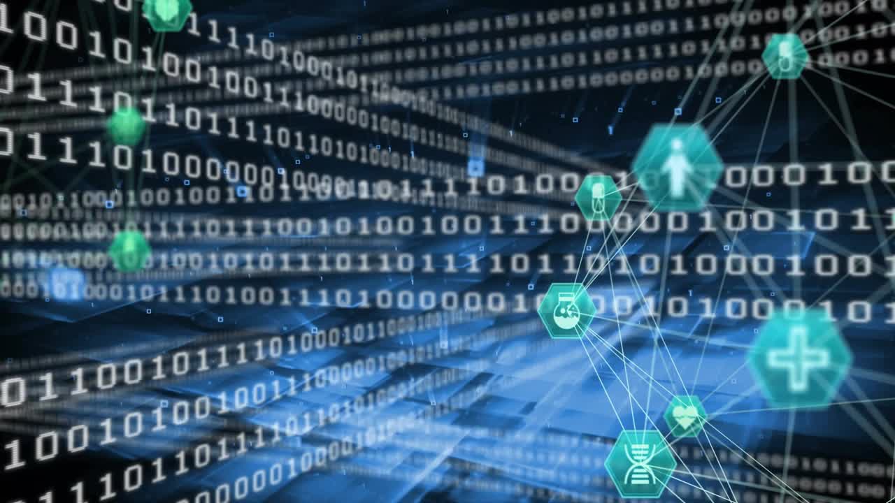Sequence advancing right floating turquoise hex icons forming over binary tunnel mapping health