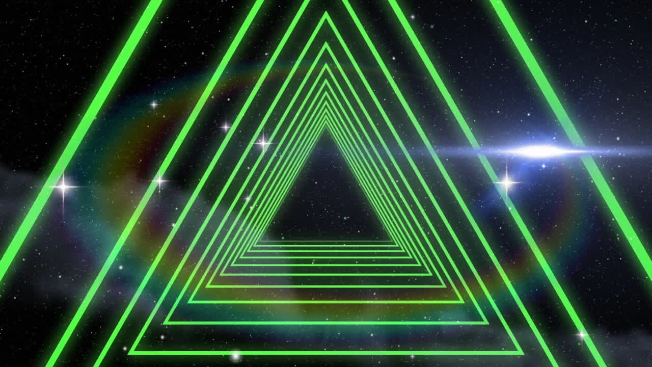 Animation of neon green triangles creating tunnel effect in starry space background
