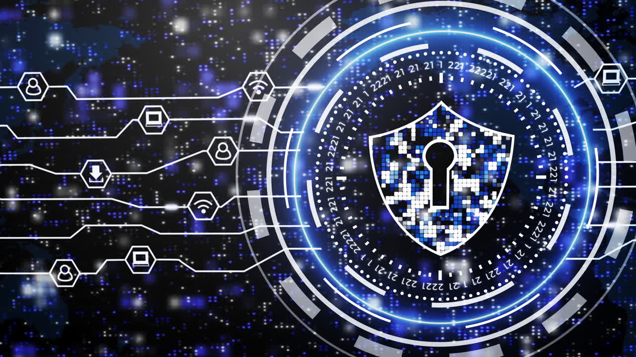 Network data protection cyber security lock shield. Motion graphics with blue neon glowing internet user icons. Looped animated dark background with world map.