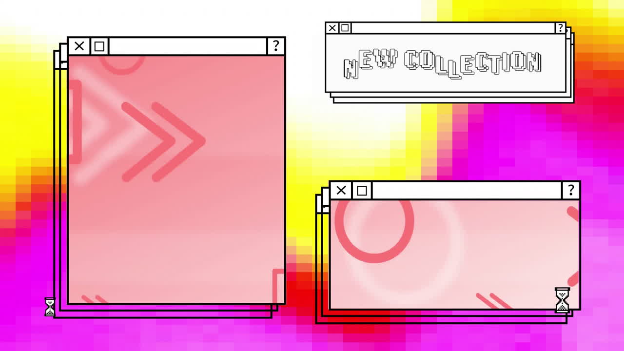 Animation of digital interfaces with moving shapes and new collection text on colourful background