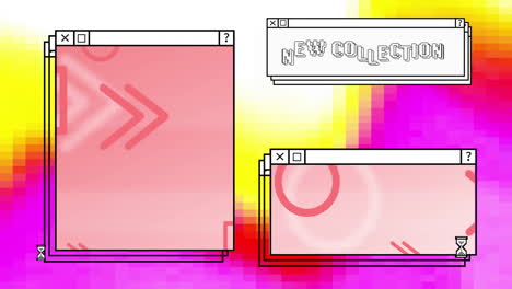 animation of digital interfaces with moving shapes and new collection text on colourful background