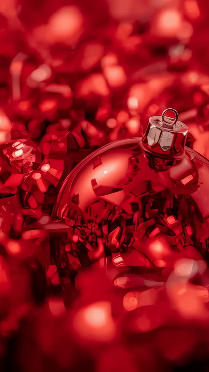 Vertical video: Shifting camera focus emphasizing red glass ornament on table, cap, tinsel