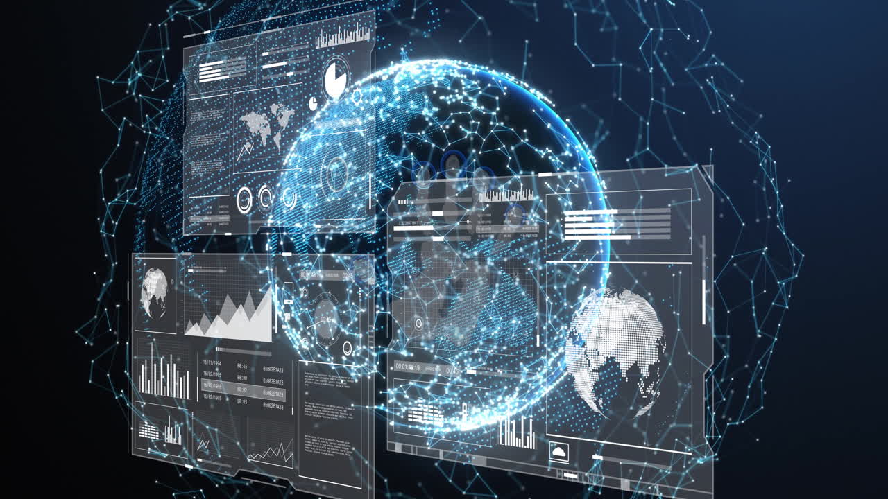 Digital globe and data analytics interface with graphs and charts animation
