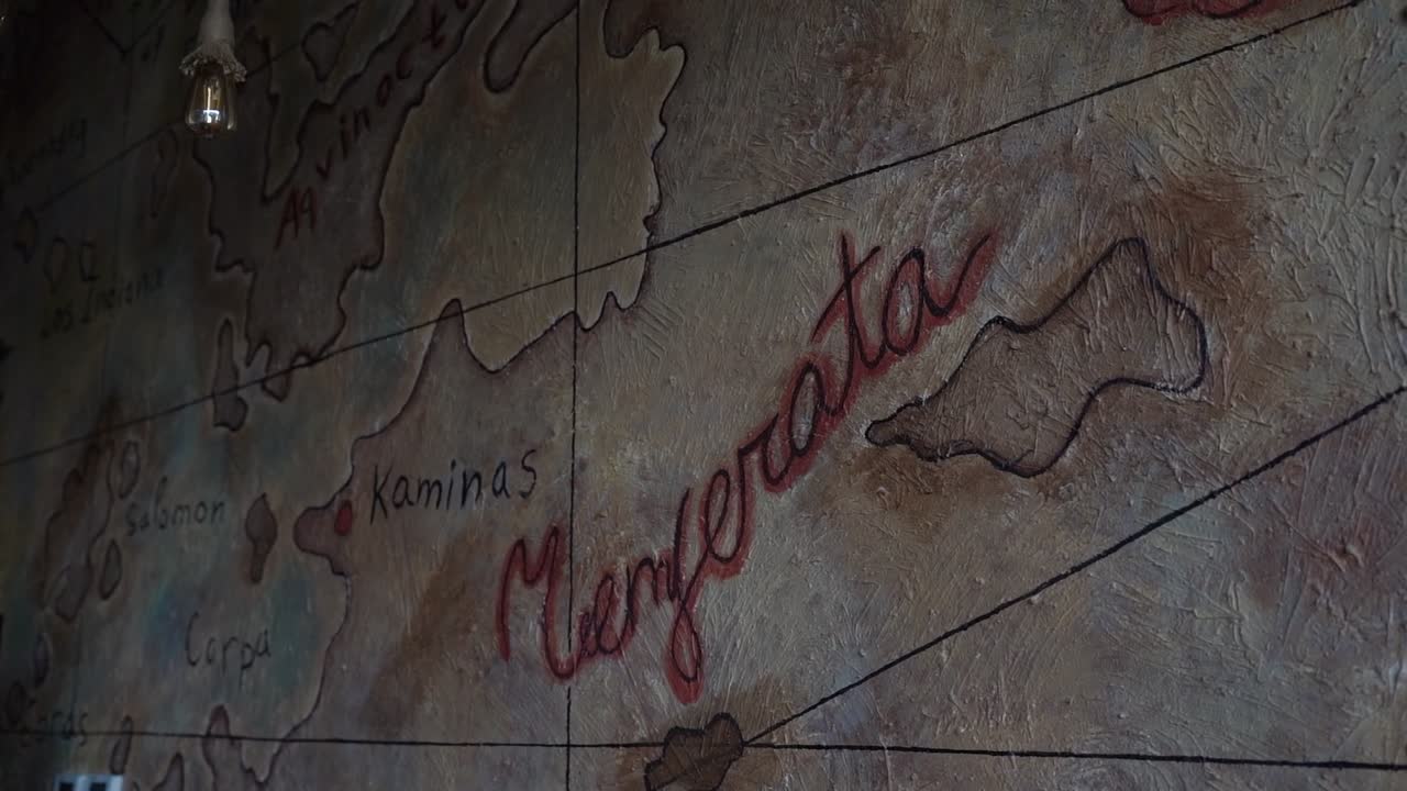 View of an ancient map on a wall, close up shot