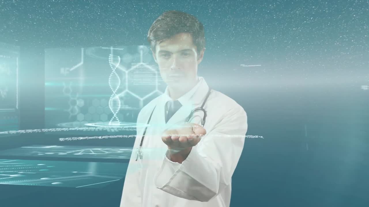 animación del procesamiento de datos sobre el médico masculino caucásico