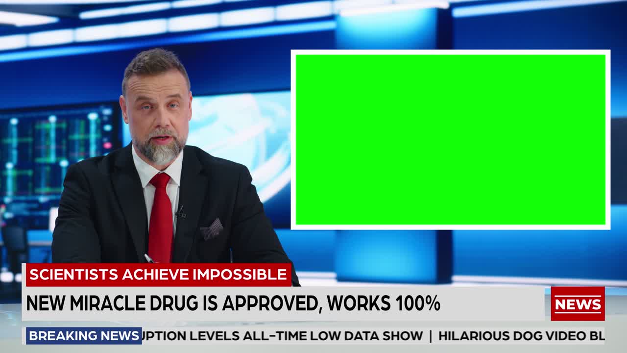 Newsroom TV Studio Live News Program: Professional Male Presenter Reporting, Green Screen Chroma Key Screen Picture. Television Cable Channel Anchor Talks. Network Broadcast Mock-up Playback