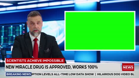 newsroom tv studio live news program: professional male presenter reporting, green screen chroma key screen picture. television cable channel anchor talks. network broadcast mock-up playback