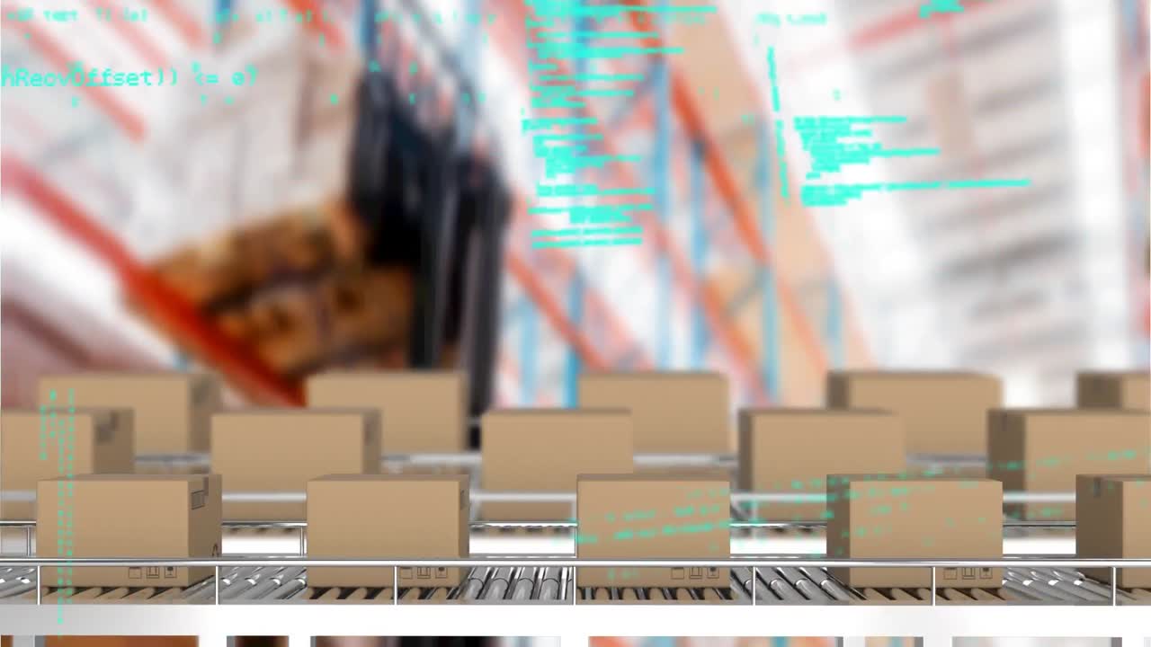 animación del procesamiento de datos sobre cajas de cartón en cintas transportadoras en el almacén
