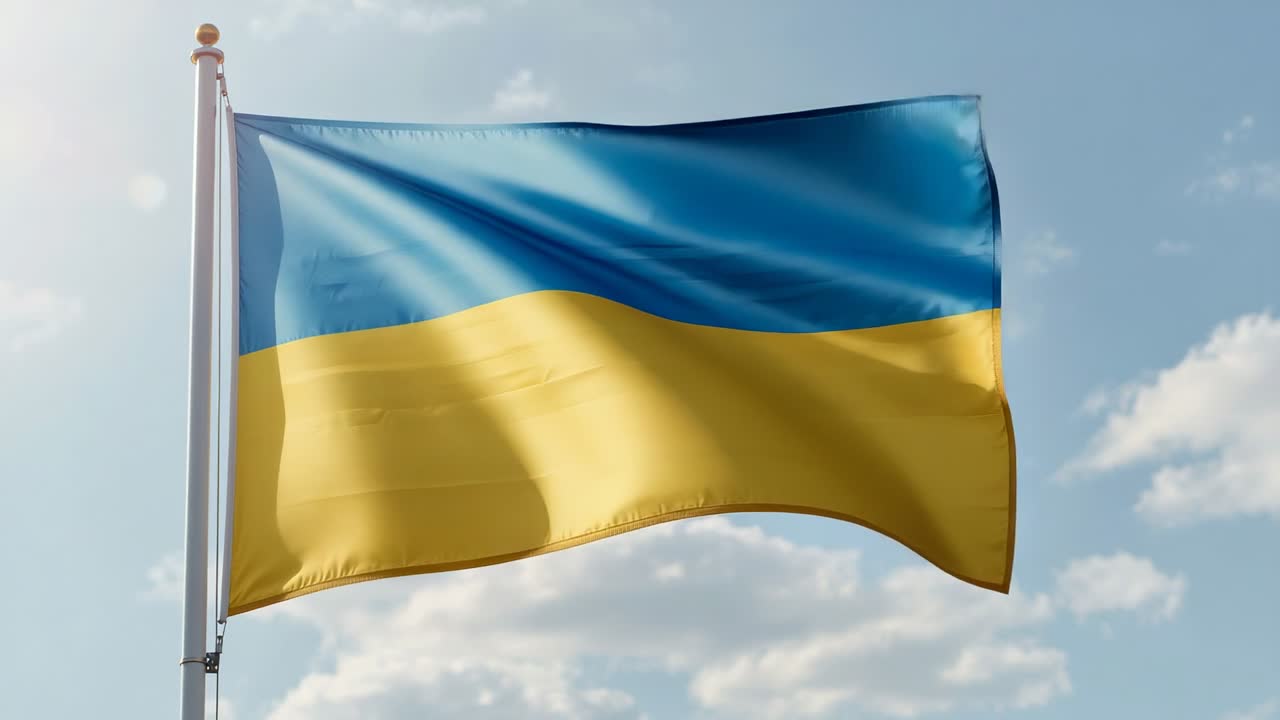 Gentle breeze starting Ukrainian flag billowing on silver flagpole under pale sky, golden finial