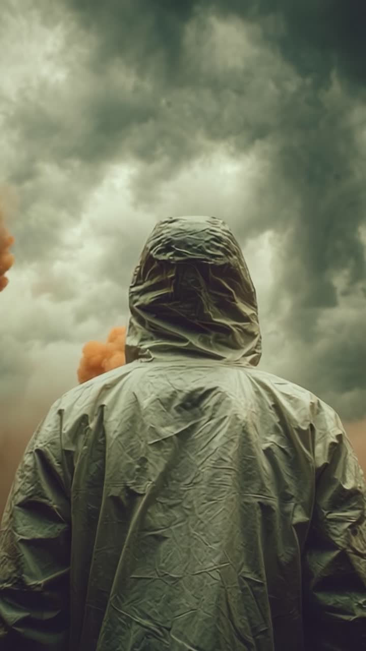 Una figura solitaria in una giacca antipioggia con cappuccio guarda il cielo turbolento, assistendo alla drammatica interazione tra nuvole minacciose e vivaci pennacchi di fumo che riempiono l'aria