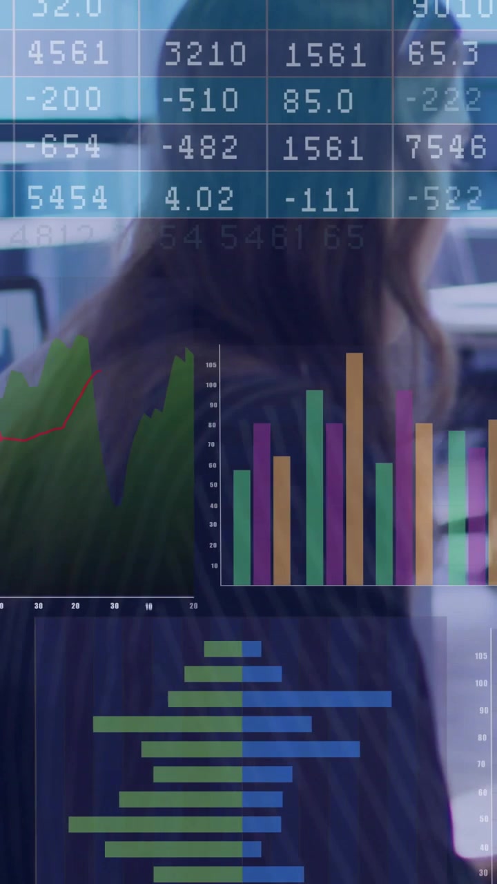 Video verticale: Analista donna che avvia un aggiornamento alla scrivania, grafici che appaiono e si spostano per l'analisi dei dati.