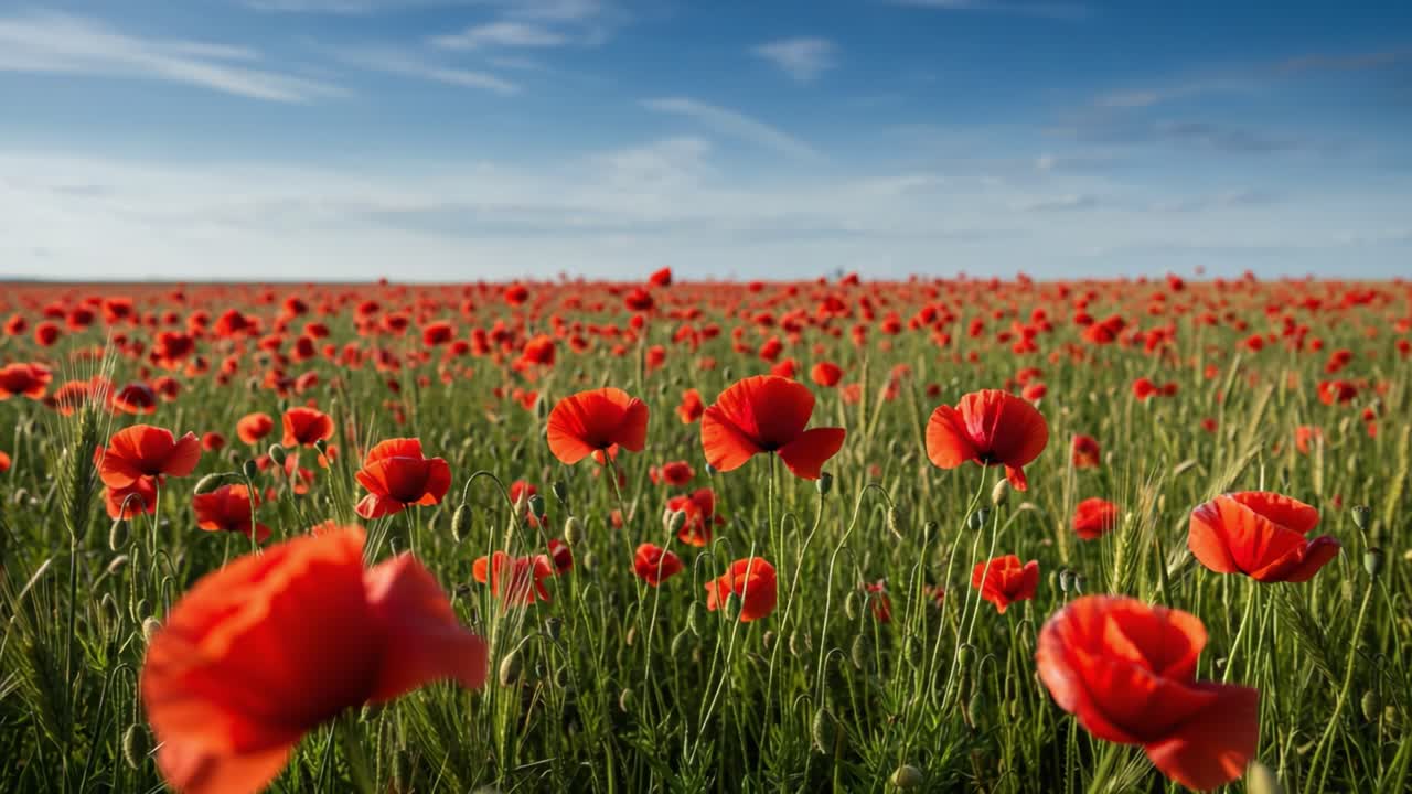 A Breathtaking Display of Vibrant Red Poppies in a Lush Green Field Under a Clear Blue Sky, Showcasing the Beauty of Nature and Floral Abundance