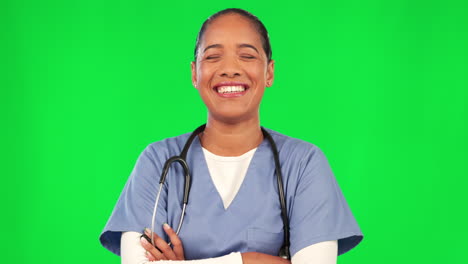 Woman,-doctor-and-arms-crossed-by-green-screen