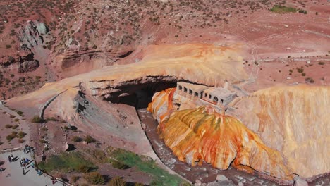 aerial over the puente del inca which is a natural arch over the las cuevas river in the mendoza province, argentina