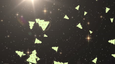 animation of christmas trees and shining stars over dark background