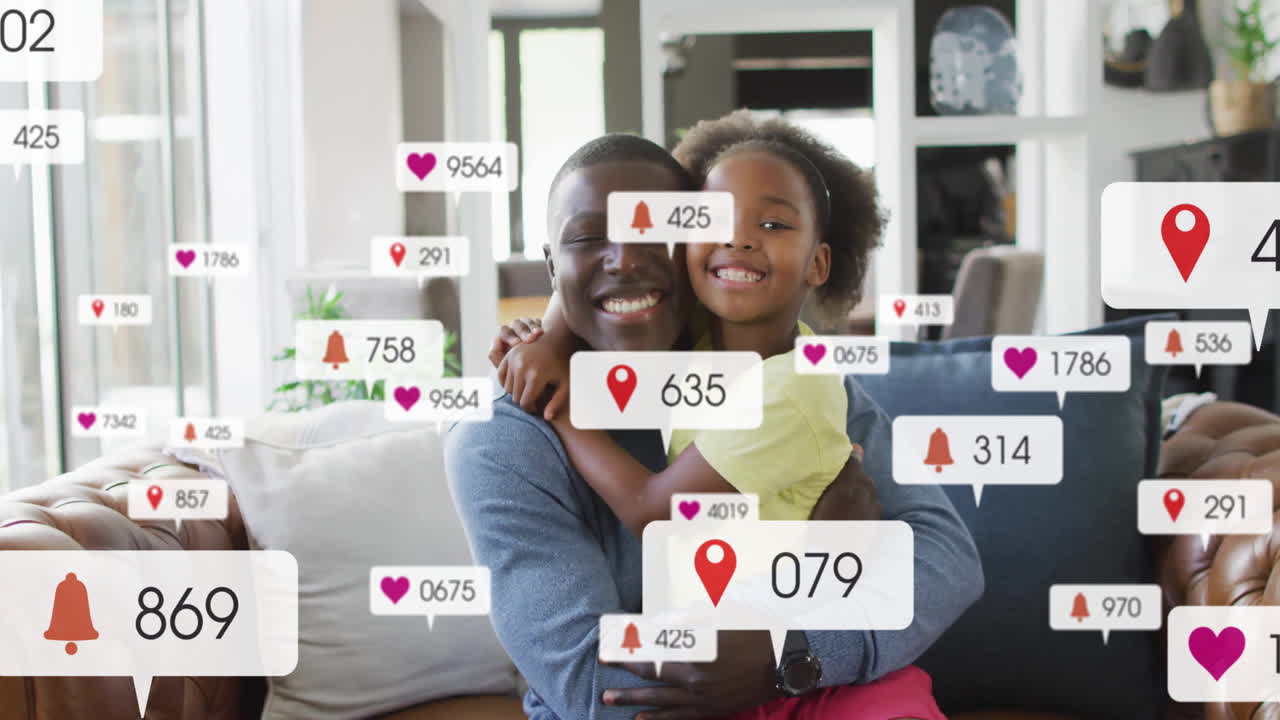 Father and daughter sharing hug in living room, with floating social media heart and bell icons