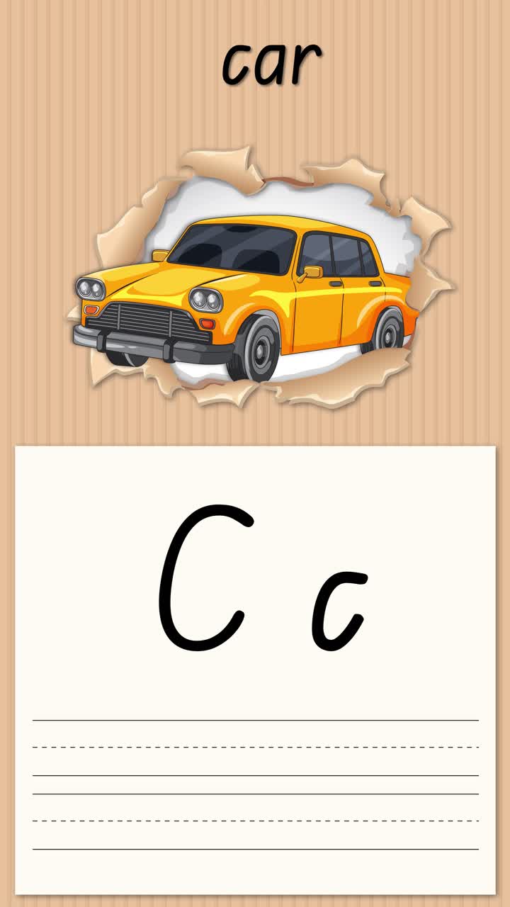 Lezione di calligrafia animata insegna la lettera C usando un'illustrazione di un'auto gialla su uno sfondo verticale