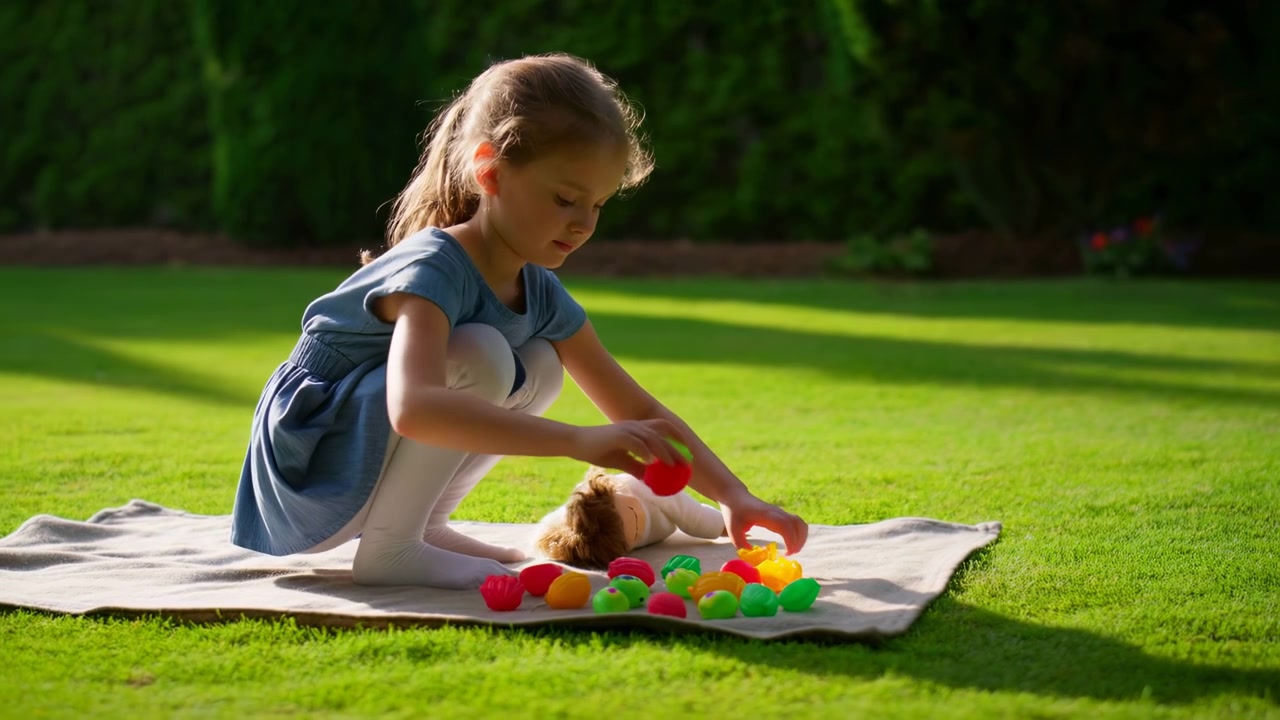 Child reaches between colorful toy food pieces and lines them up on a light blanket outdoors, focused on hands-on play as warm sunlight crosses the lawn and leafy garden behind her.