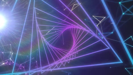 Animation-Eines-Violett-Leuchtenden-Neontunnels,-Der-Sich-Auf-Blauem-Hintergrund-Dreht
