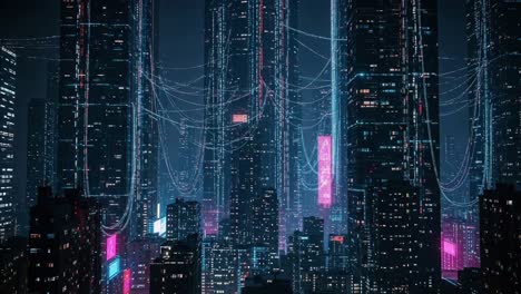 futuristic cityscape at night: a stunning view of neon-lit skyscrapers and bright lights illuminating a high-tech urban environment with connectivity