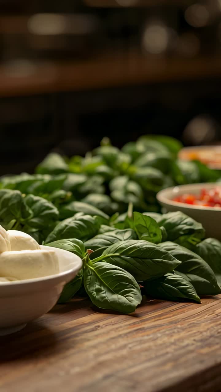 Video verticale: ripresa panoramica che mostra il basilico sul bancone della cucina, con ciotole di formaggio e pomodori per la preparazione