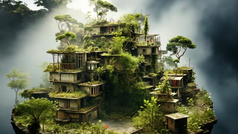 abandoned buildings overgrown with lush vegetation in a tropical setting