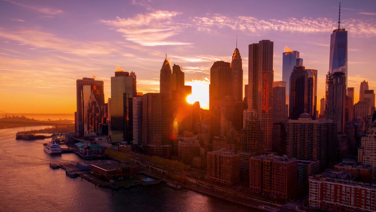 Vista aerea dell'orizzonte di New York al tramonto