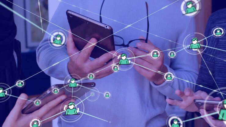 Team tapping devices, causing avatar network expanding over hands and screens for business