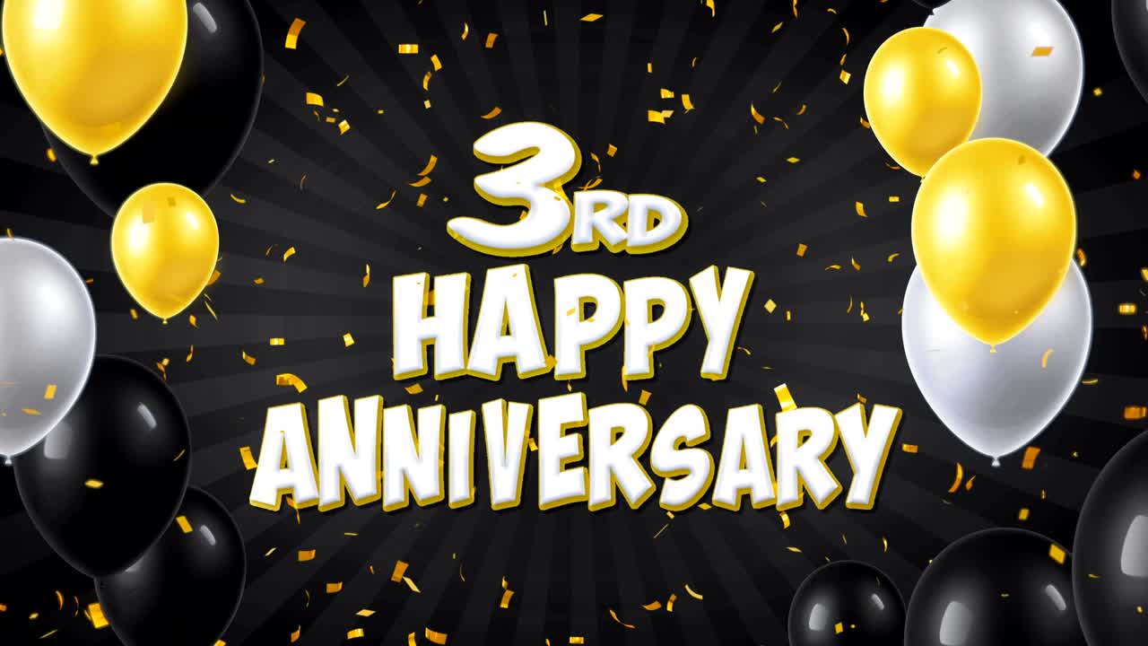 3rd Happy Anniversary Black Text With Golden Confetti Falling and Glitter Particles, Colorful Flying Balloons Seamless Loop Animation for Greeting, Invitation card, Party, celebration, Festival.