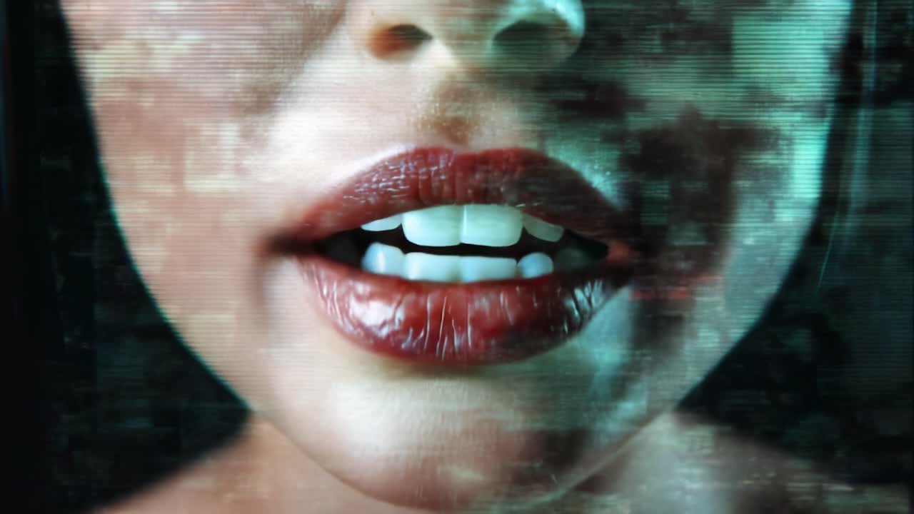 A close-up portrait of a woman's lips with glossy red lipstick, overlaid with a digital glitch effect, showcasing an intriguing contrast of beauty and technology