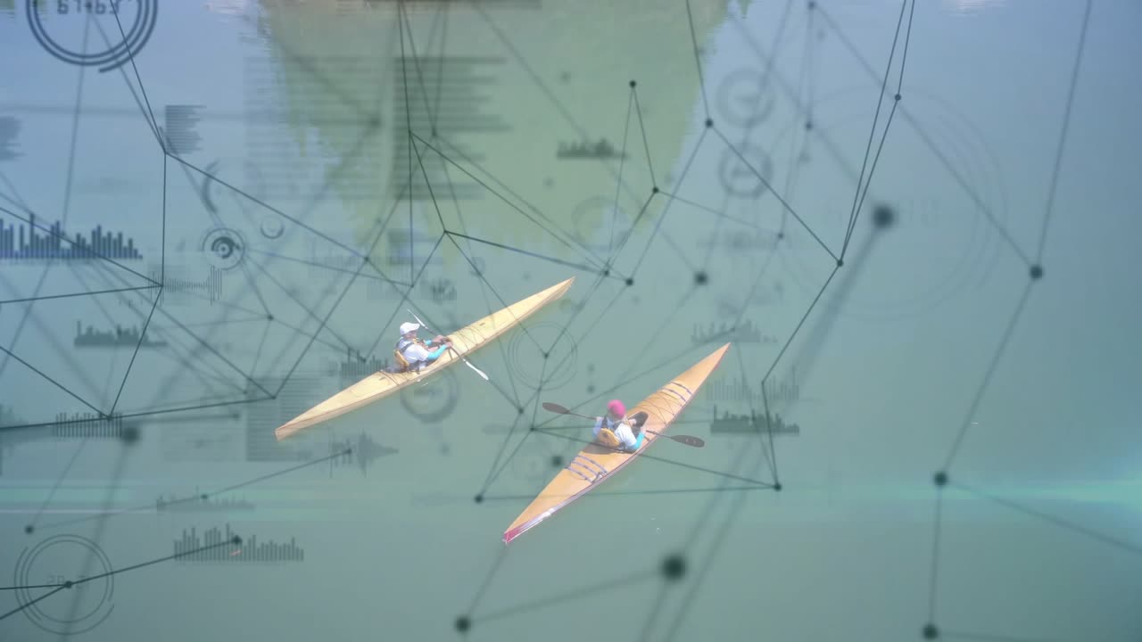 Drone revealing, yellow and orange kayaks paddling down-right, network layer shifting to show route