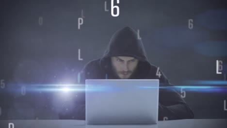 animación del procesamiento de datos sobre el hacker caucásico usando computadora